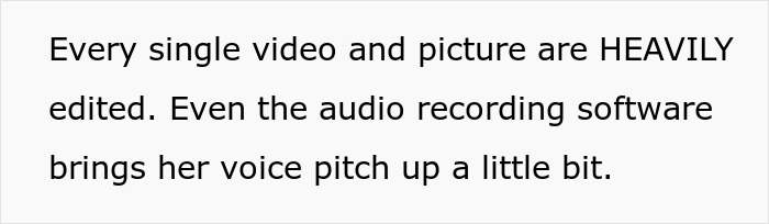 Text describing heavy editing of videos and pictures with voice pitch altered for a gym influencer lying online issue.