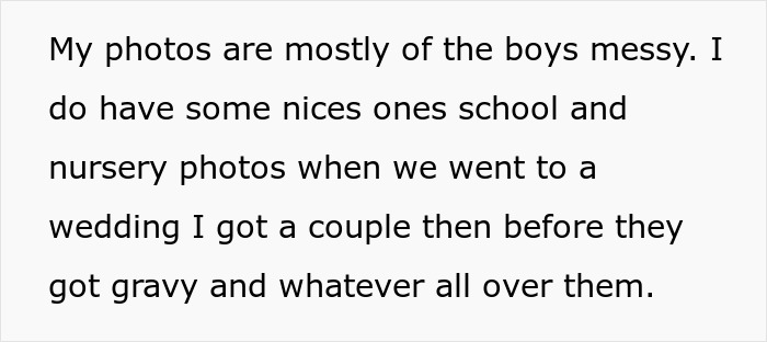 Text excerpt discussing family photos and challenges of raising boys after mom abandons kids with 23-year-old sister.