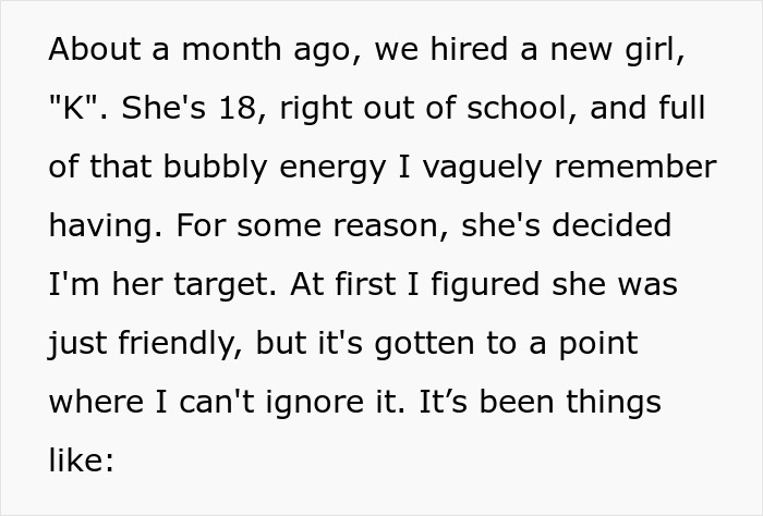 Text excerpt describing a man shutting down younger coworker flirt, highlighting workplace boundaries and professionalism. Text excerpt describing a man shutting down younger coworker flirt, highlighting workplace boundaries and professionalism.