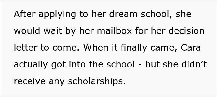 Text describing a golden child&rsquo;s reaction after seeing sister get into the college of her dreams without scholarships.