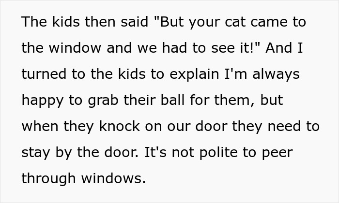 Text excerpt showing a woman explaining to kids that peeking through windows is impolite and respecting privacy is important.