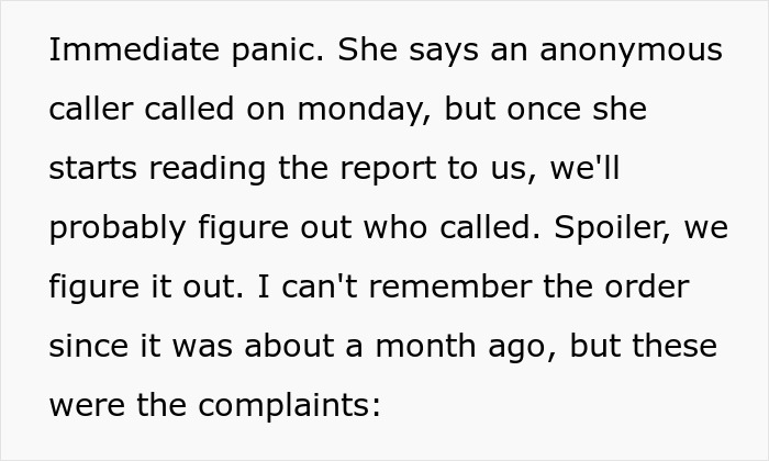 Text excerpt showing anonymous caller complaints in a report, highlighting couple banning toxic in-laws from newborn visits.