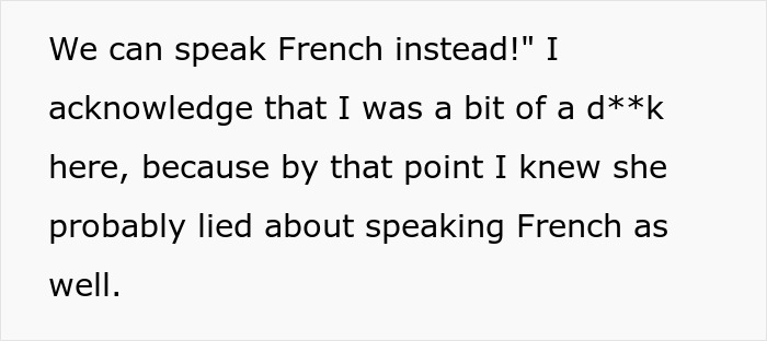 Text excerpt showing a woman admitting she challenged a colleague who lied about speaking French well.