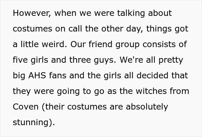Text excerpt discussing discomfort with Halloween costumes and fragility in masculinity within a friend group setting.