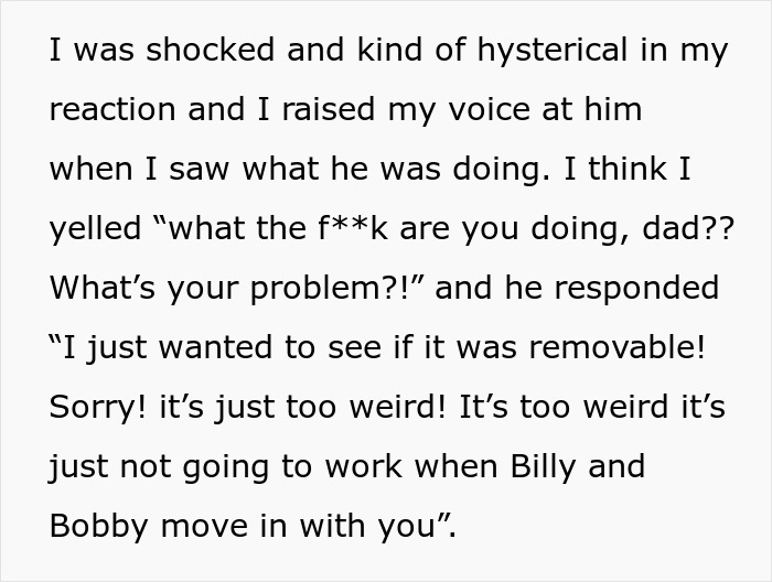 Text excerpt showing a dad upset about daughter&rsquo;s home, saying it&rsquo;s too weird and causing her to worry.