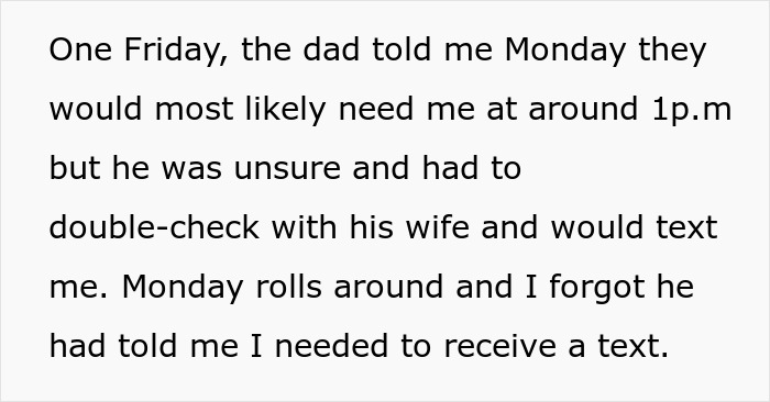 Text excerpt from a story about rude, rich folks firing a babysitter with false accusations and blaming her afterward.