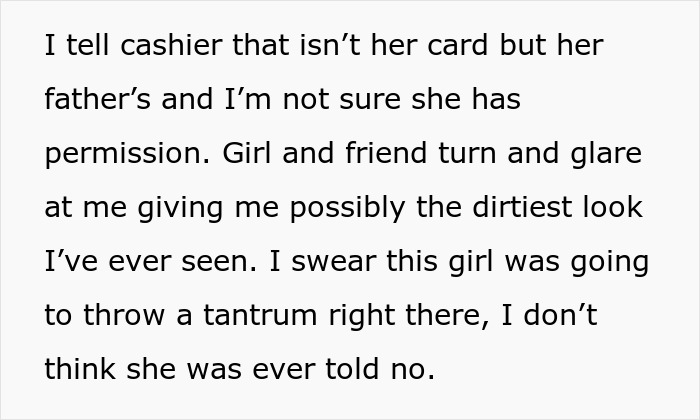 Text excerpt showing a woman confronting a teenage girl about using her father&rsquo;s card, causing tension and a near tantrum at store.