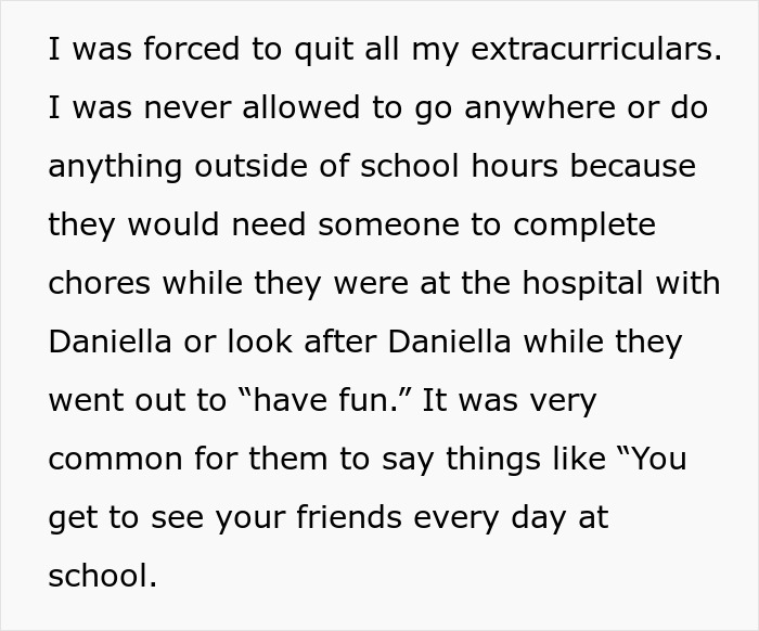 Alt text: Excerpt of a personal story discussing challenges related to caring for a disabled sister and family ableist attitudes. Alt text: Excerpt of a personal story discussing challenges related to caring for a disabled sister and family ableist attitudes.