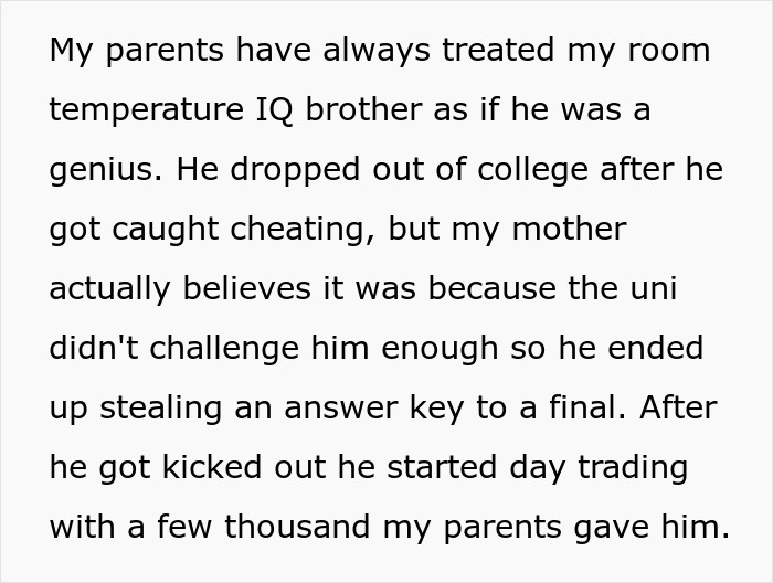 Text describing a sibling seen as a golden child who lost parents&rsquo; money through crypto and day trading.