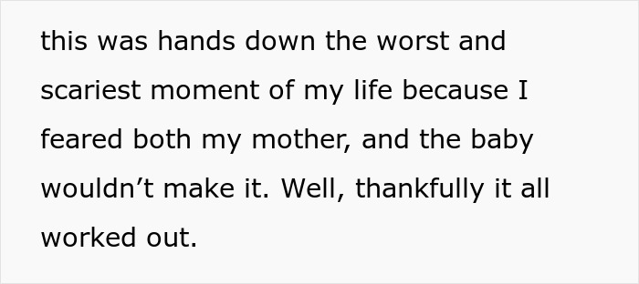 Text excerpt describing a woman&rsquo;s emotional moment fearing for her mother and baby after delivery, reflecting on gratitude.