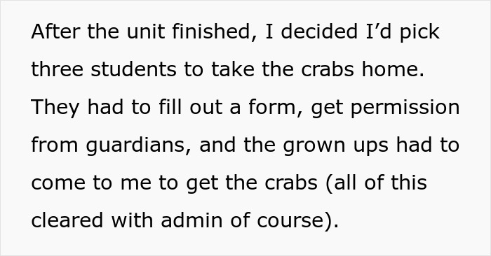 Text discussing a teacher giving hermit crabs to students with guardian permission and administrative clearance.