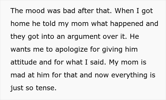 Text describing a tense family argument after a cake fail, highlighting a teen telling dad would&rsquo;ve remembered if he cared.