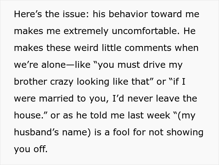 Text describing uncomfortable behavior from creepy BIL leading wife to consider removing her wedding ring.