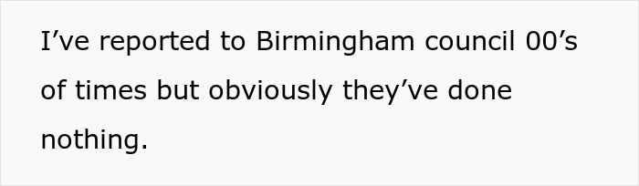 Text stating frustration about reporting a male Karen blocking neighbor's driveway multiple times without action.