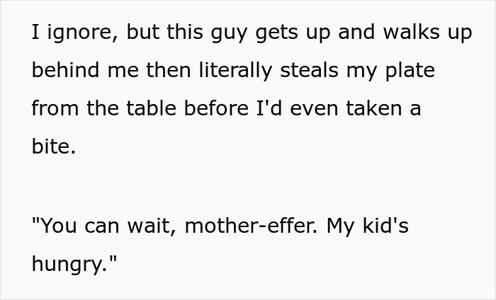 Man steals spicy chicken sandwich from stranger&rsquo;s table claiming his kid is hungry, leading to chaotic aftermath when child vomits.