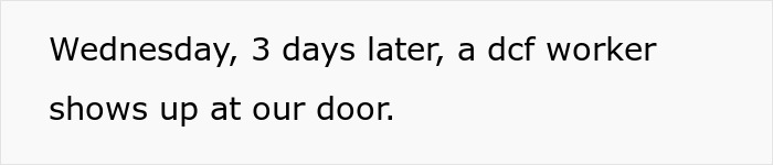 Text image showing a message about a DCF worker arriving at the door three days later related to toxic in-laws and newborn conflicts.