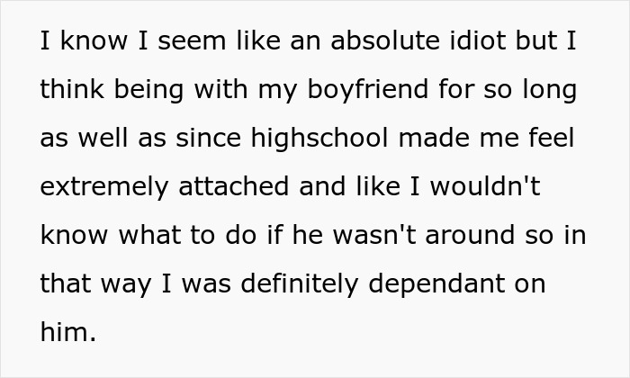 Text post discussing feelings of attachment and dependency on a boyfriend after being together since high school.