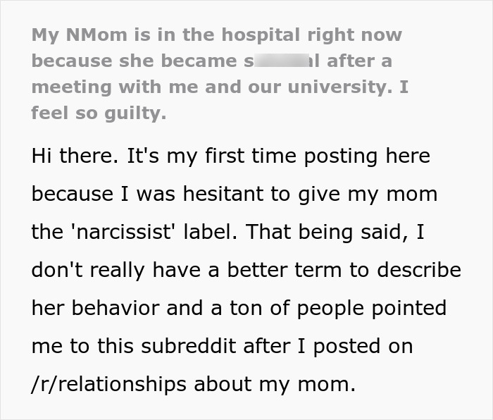 Text post about a daughter feeling guilty after parents lied about food allergies causing no contact.