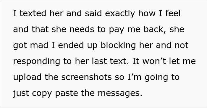Text message conversation about a woman realizing she got duped by a friend who forgot her wallet and didn&rsquo;t say thank you.