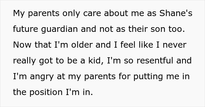 Alt text: Person expressing anger and resentment toward parents who had another baby to care for their disabled son. Alt text: Person expressing anger and resentment toward parents who had another baby to care for their disabled son.
