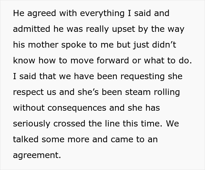 Text excerpt showing a new mom describing confrontation with MIL over her unhinged behavior and reaching an agreement.