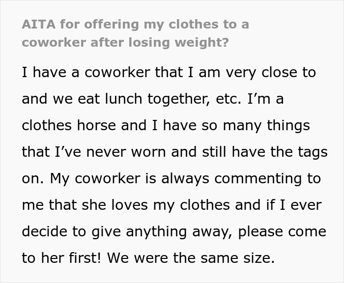 Woman loses it after coworker offers old clothes too skinny for her after losing weight to show her up conflict. Woman loses it after coworker offers old clothes too skinny for her after losing weight to show her up conflict.