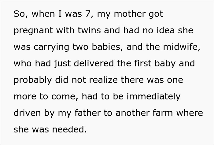Text excerpt describing a woman&rsquo;s story about feeling like she hates her brother after he thanks her for delivering him.