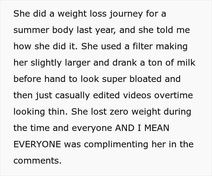 Text discussing a gym influencer lying about weight loss journey using filters and video edits, upsetting her boyfriend.