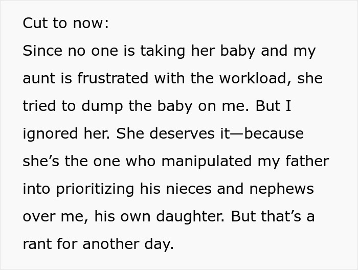 Text excerpt about a woman ignoring her aunt after quitting being a free babysitter, highlighting family manipulation struggles.