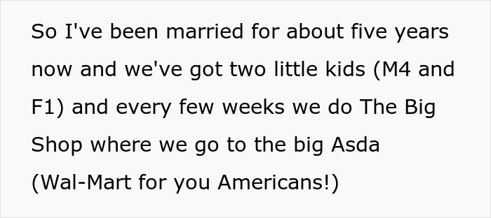 Text excerpt from a story about marriage and family, mentioning kids and regular shopping trips to Asda retail store.