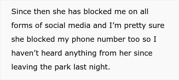 Text excerpt showing a person explaining being blocked on social media after dating drama involving secret pictures.