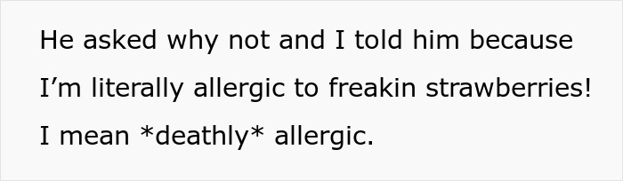 Teen telling dad about cake fail, explaining allergy to strawberries and emphasizing how serious the reaction is.