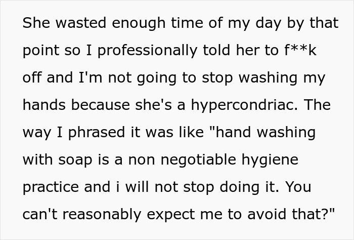 Text showing a coworker sensitive to smells refuses to stop washing hands, emphasizing hygiene as non-negotiable practice. Text showing a coworker sensitive to smells refuses to stop washing hands, emphasizing hygiene as non-negotiable practice.