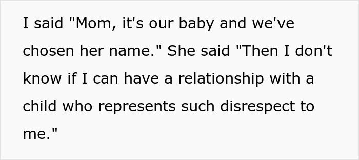 Text image showing a conversation about an entitled lady mad grandkid refusing a relationship over the baby's name.