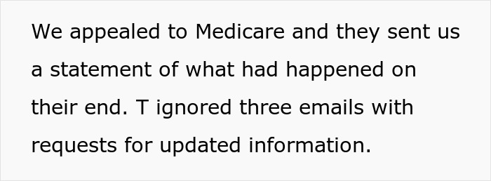 Text excerpt discussing Medicare appeal and ignored emails related to a doctor refusing to rehire sister after financial loss.