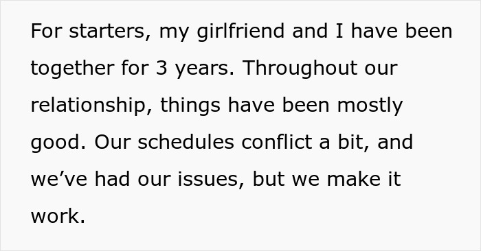 Text excerpt about a boyfriend reconsidering relationship after girlfriend objects to trip with female friend, showing conflict.