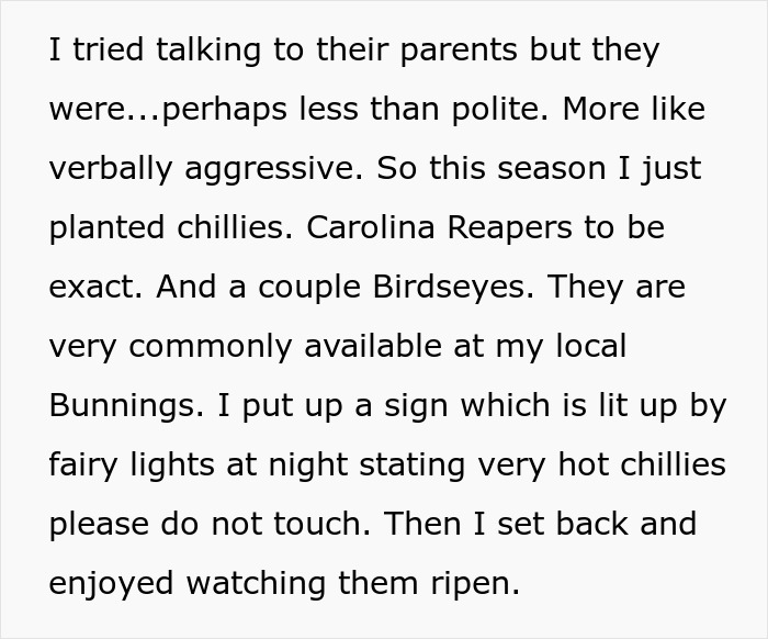 Woman deciding between laughter and guilt after her hot revenge on neighborhood kids using spicy chilies and a warning sign.