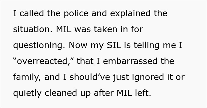 Text describing a monster-in-law putting a daughter-in-law&rsquo;s life in danger and being escorted out by police.