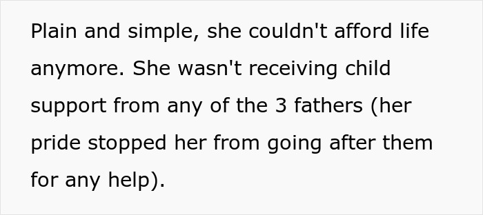 Text excerpt about a woman unable to afford life due to lack of child support from three fathers.