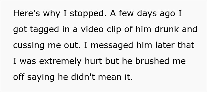 Text excerpt showing a person explaining why they stopped, mentioning being hurt and a response from the rich golden child.