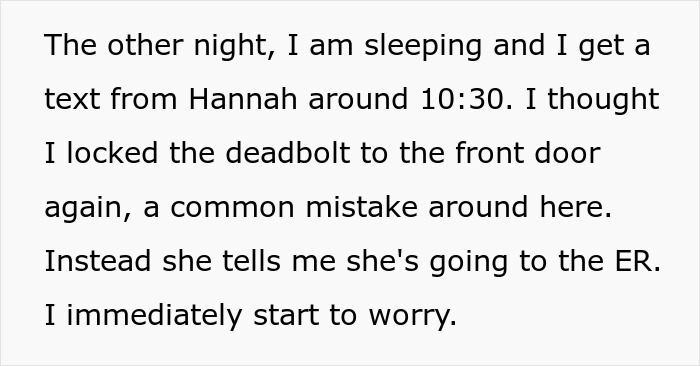 Text describing receiving a late-night message and worry about refusing visiting girlfriend hospital in an emergency situation.