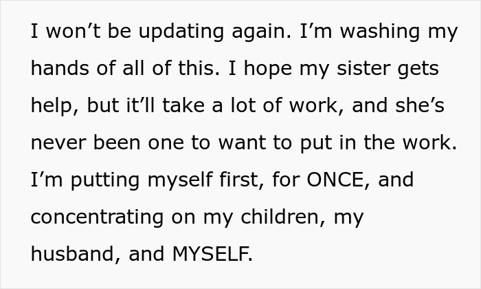 Text excerpt showing a person deciding to stop updating and focus on themselves amid a sister revealed dead brother lie situation.