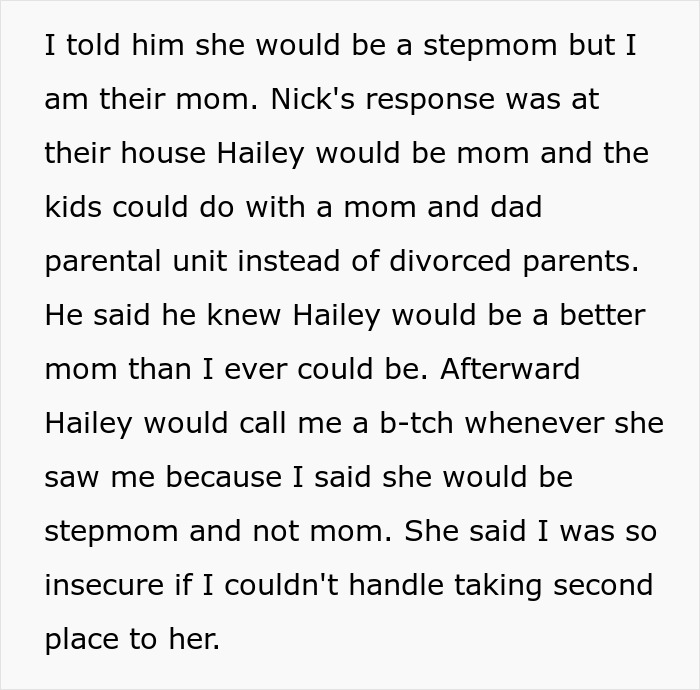 Text discussing kids preferring biological mom over stepmom and tensions between dad and infertile wife. Text discussing kids preferring biological mom over stepmom and tensions between dad and infertile wife.