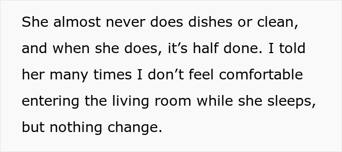 Text describing a homeless friend mooching off a couple, rarely helping with chores and causing tension in the household.