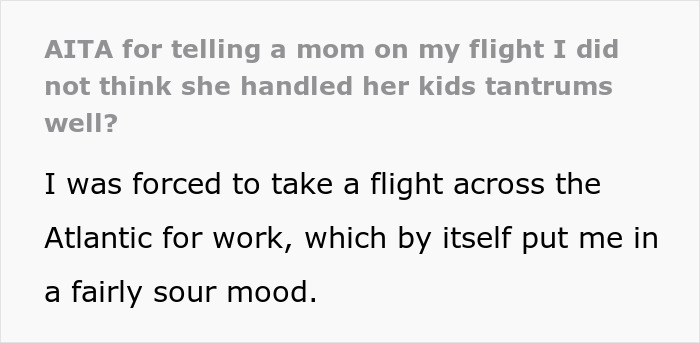 Text discussing a passenger confronting a mom during an 8-hour toddler meltdown about poor handling of the situation.
