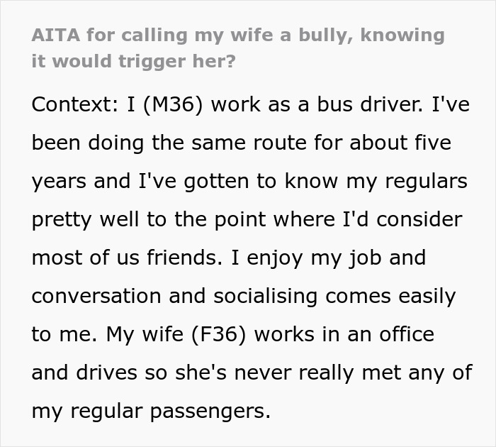 Text excerpt from a story where a husband calls wife a bully, knowing it will trigger her emotions.