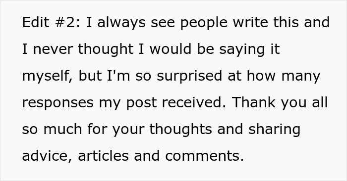 Text excerpt discussing surprise at responses received and gratitude for advice and comments about a financial favor loan scenario. Text excerpt discussing surprise at responses received and gratitude for advice and comments about a financial favor loan scenario.
