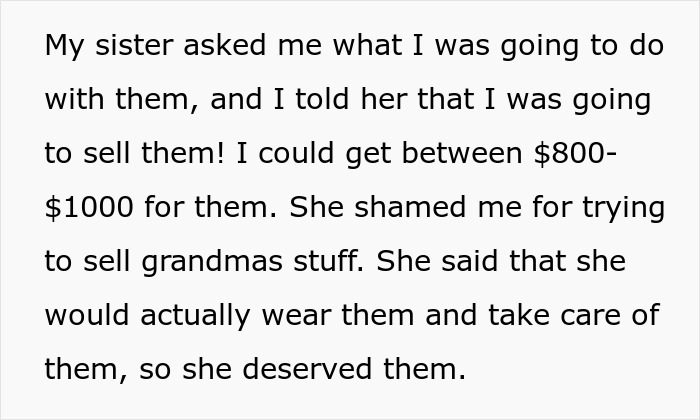 Text about woman planning to sell grandma&rsquo;s leather shoes and sister wearing them instead, sparking conflict.