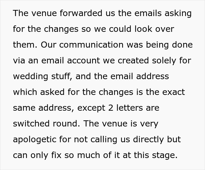 Text describing a couple discovering their wedding was sabotaged by parents through altered email communications days before the ceremony.