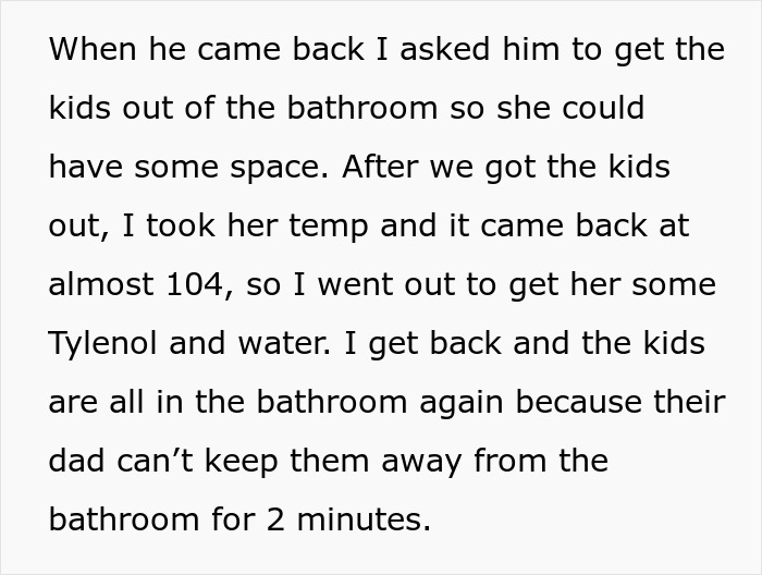 Clueless husband standing passively as wife passes out with a 104-degree fever in a chaotic bathroom scene.